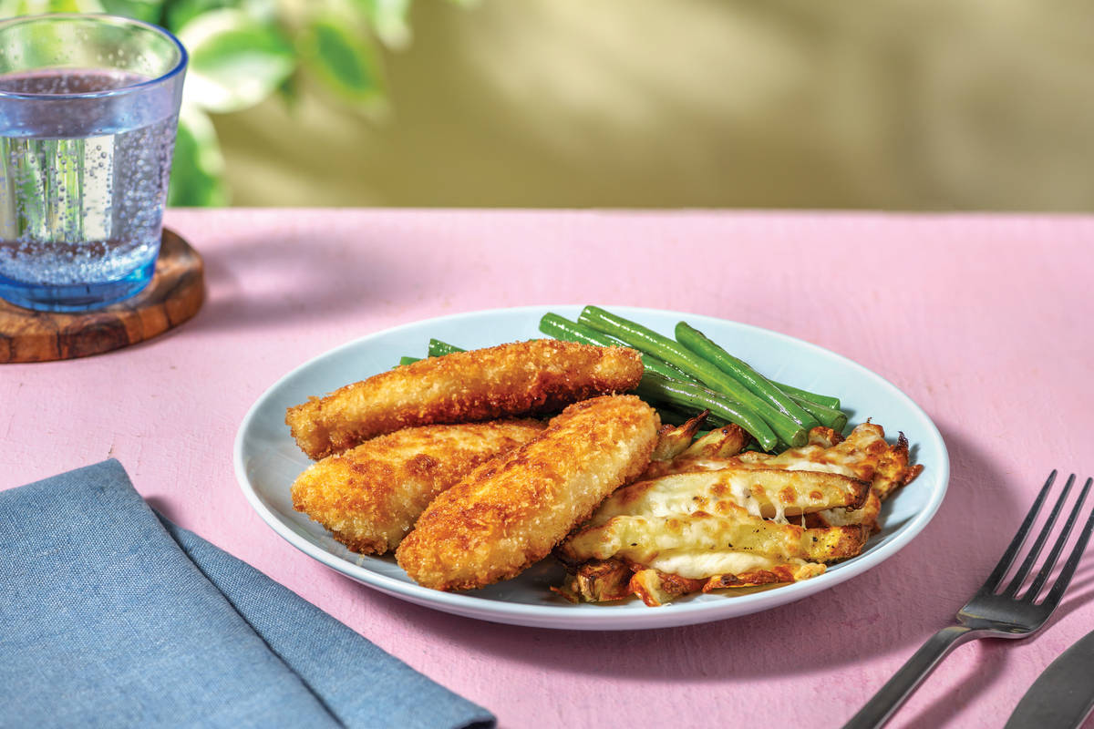 Crumbed Chicken Strips with Cheesy Fries & Broccoli