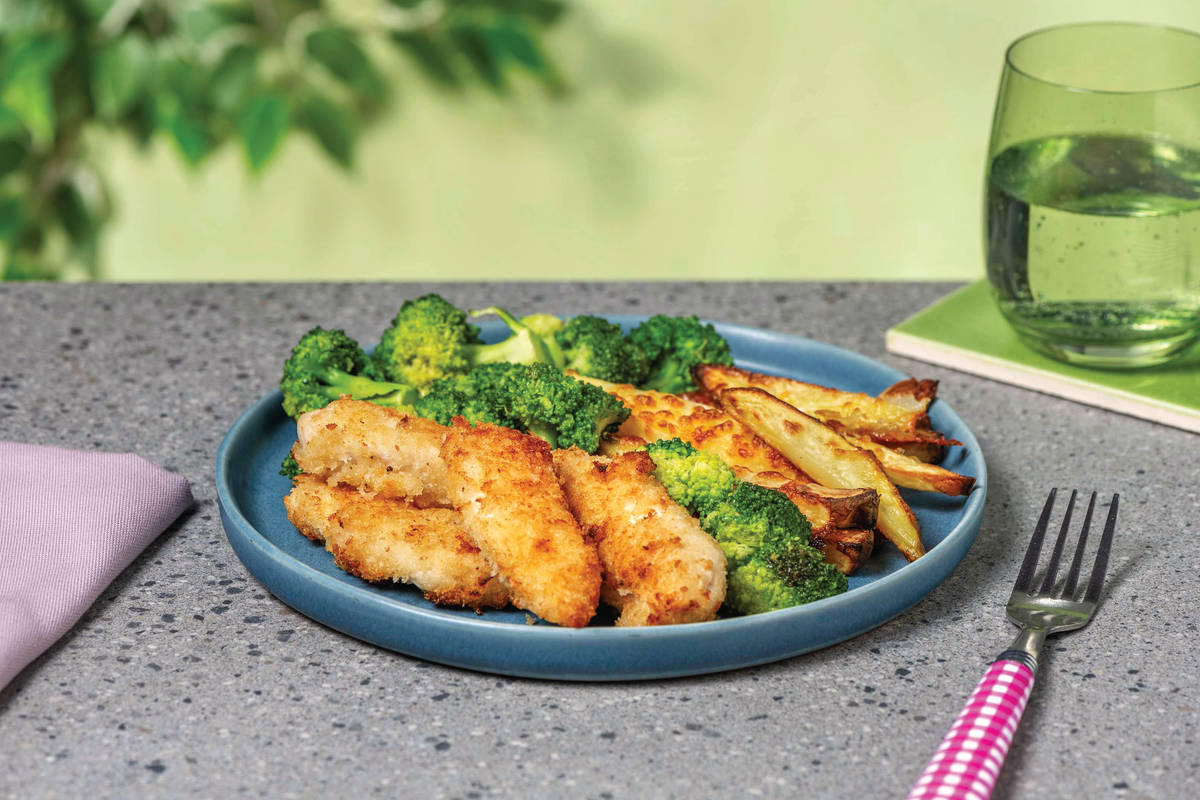 Crumbed Chicken Strips with Cheesy Fries & Broccoli