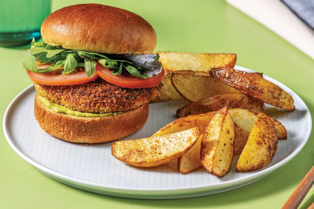 Crumbed Kumara Burger & Basil Pesto Aioli