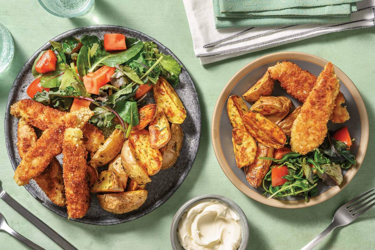 Crumbed Pork Dippers & Rosemary Wedges