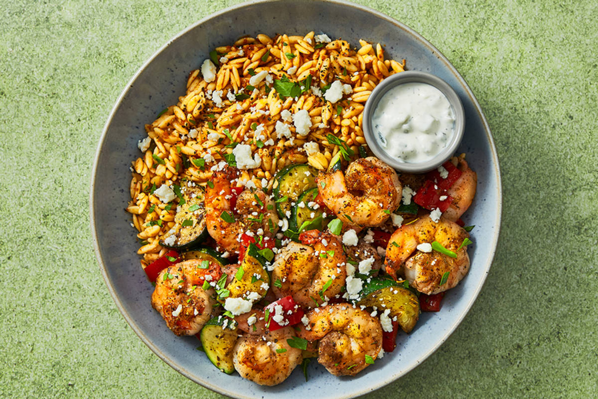 Double crevettes et orzos façon méditerranéenne