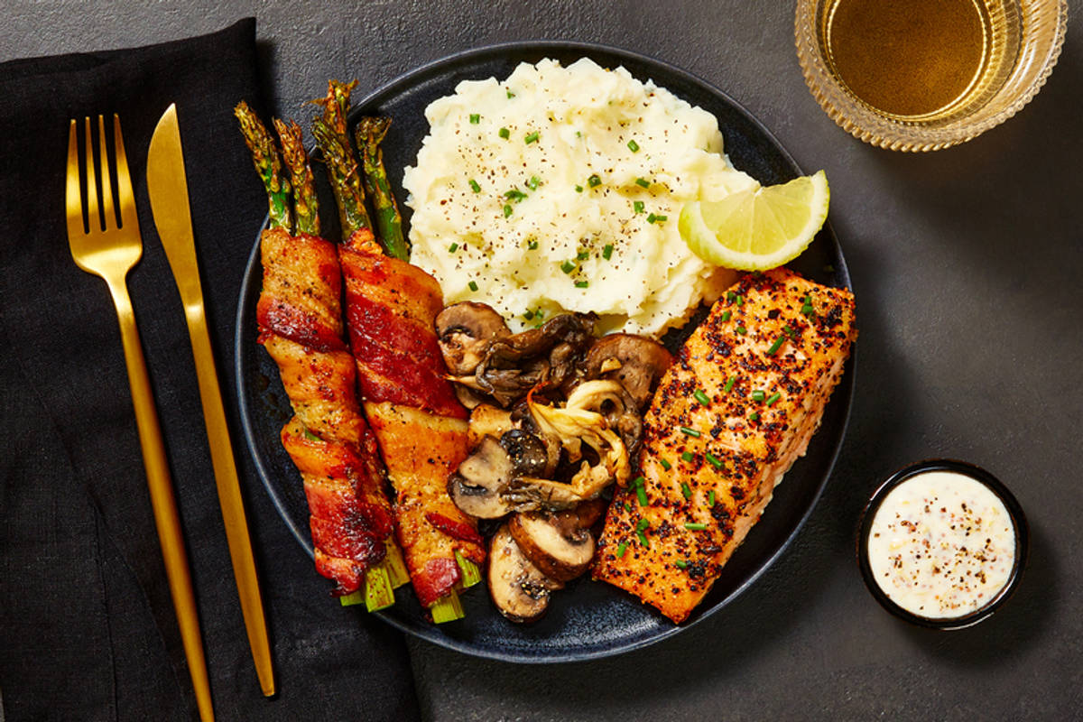 Crusted Salmon and Bacon-Wrapped Asparagus