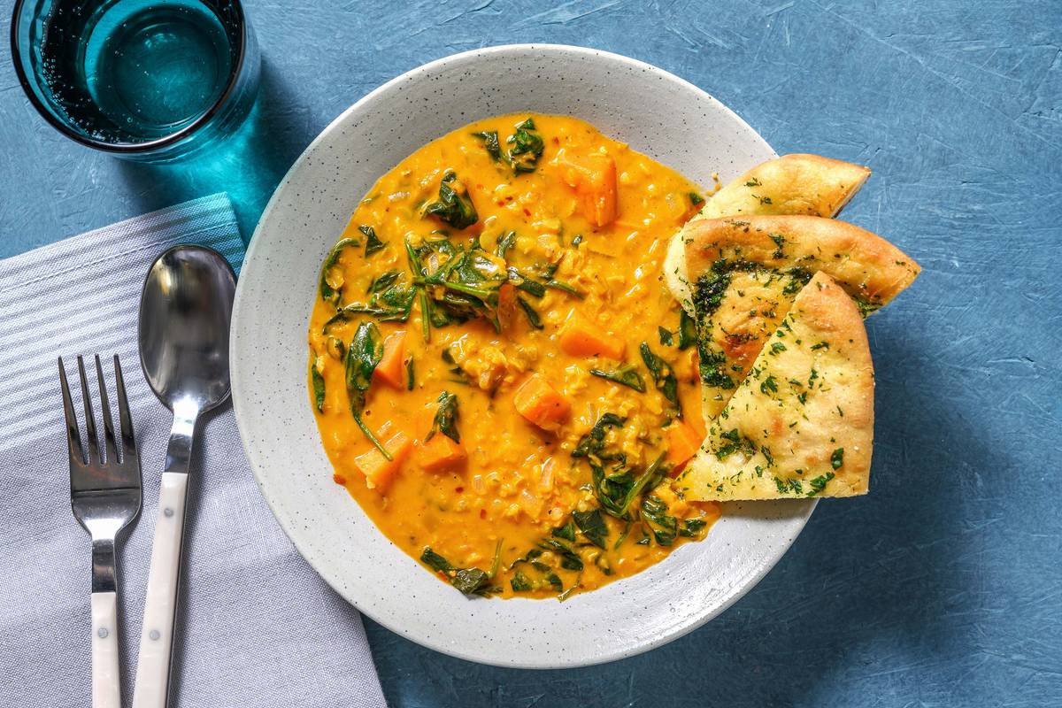 Dahl met zoete aardappel en kokosmelk