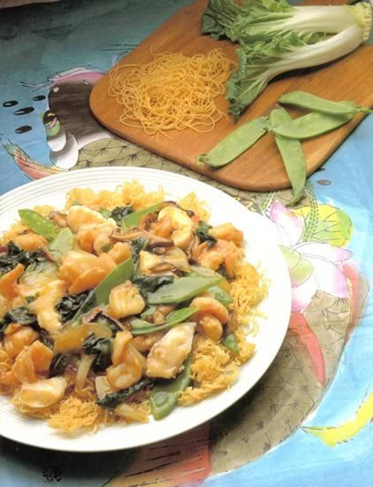 Jumbo Shrimp Stir-Fry on Crispy Chow Mein Nests