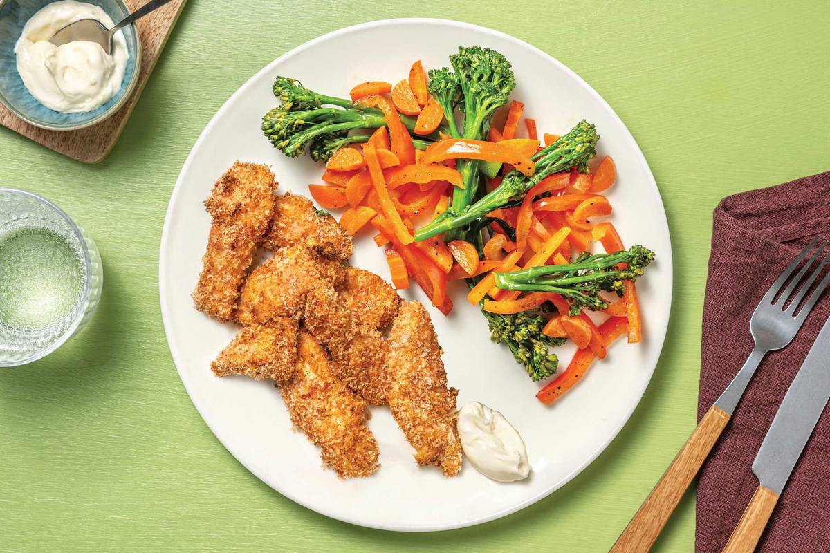 Crumbed Chicken Strips & Garlic Butter Veggies