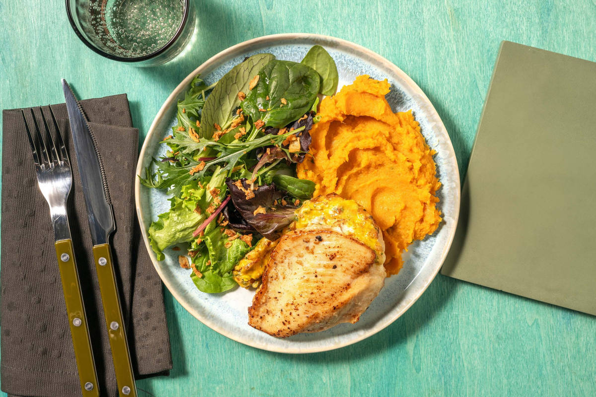 Cheesy Stuffed Chicken Thighs and Sweet Potato Mash Recipe