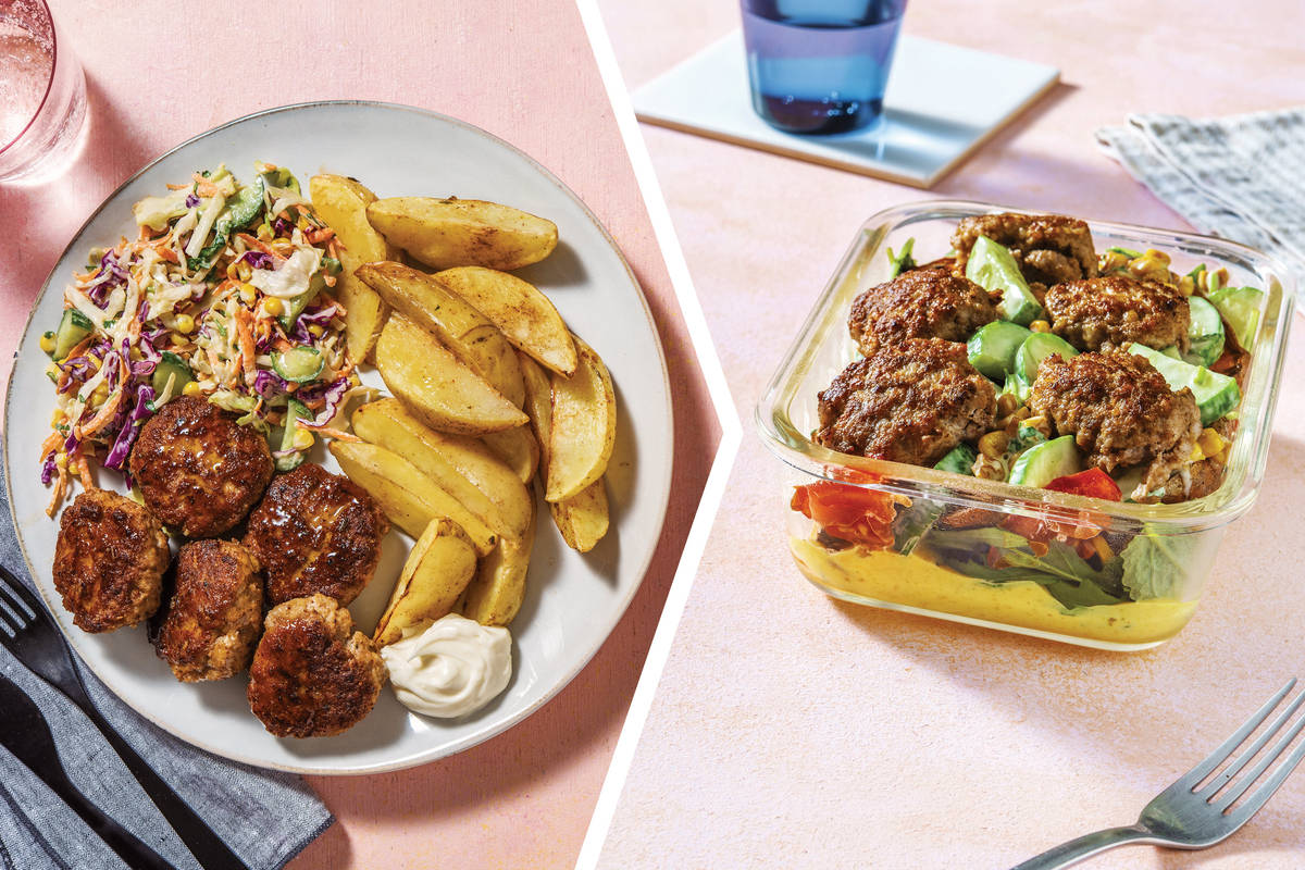 Caribbean Pork Rissoles with Wedges & Corn Slaw for Dinner