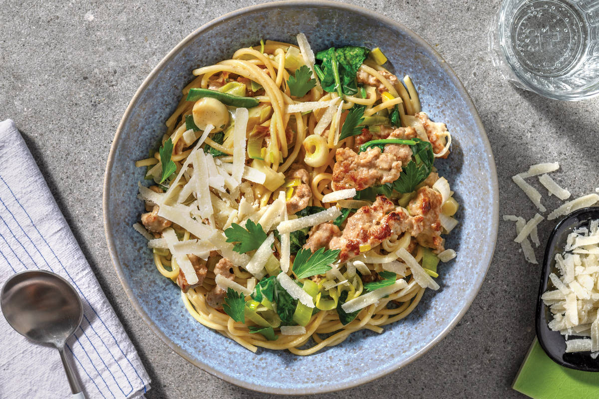 Easy Pork, Leek & Spinach Fettuccine
