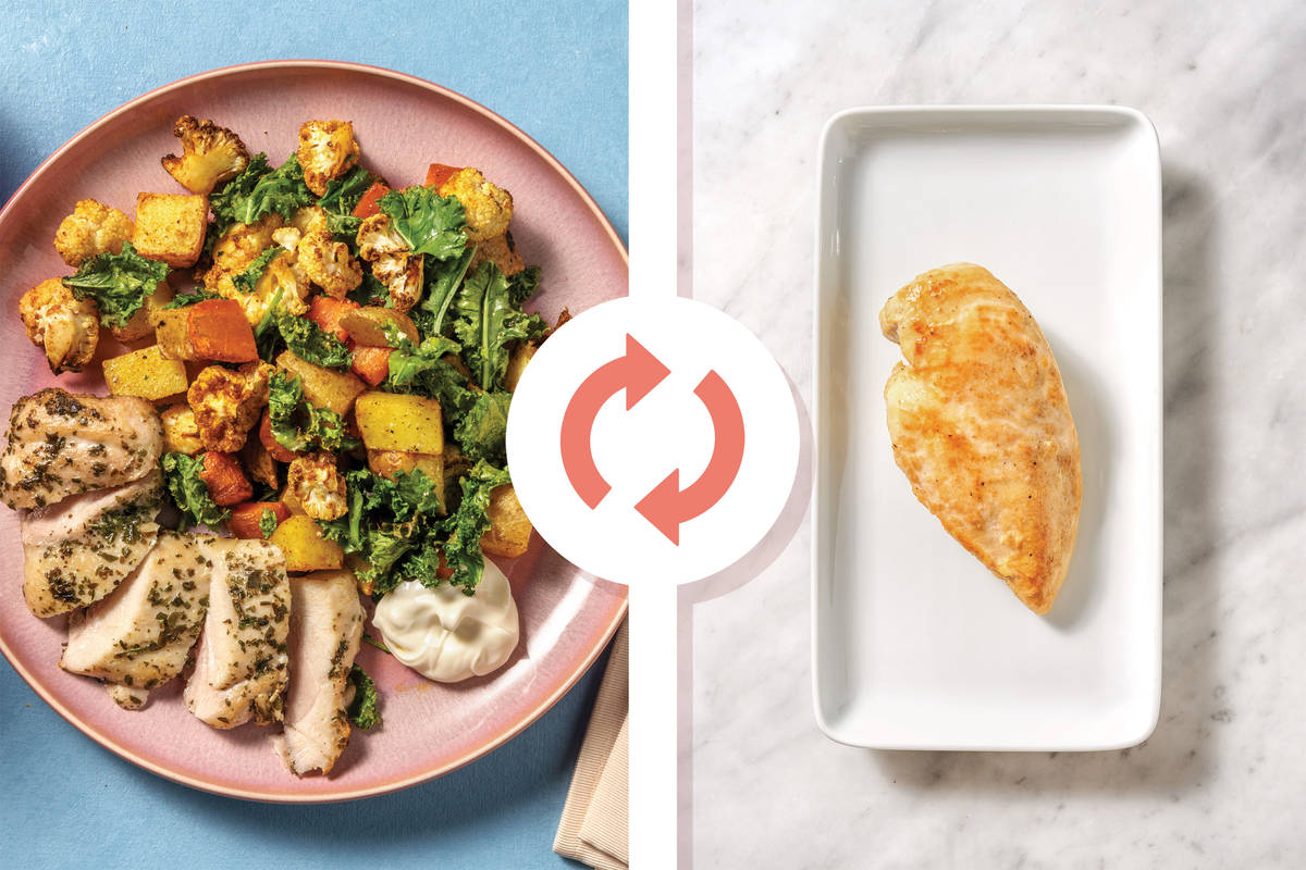 Garlic Chicken & Cauliflower-Kale Traybake
