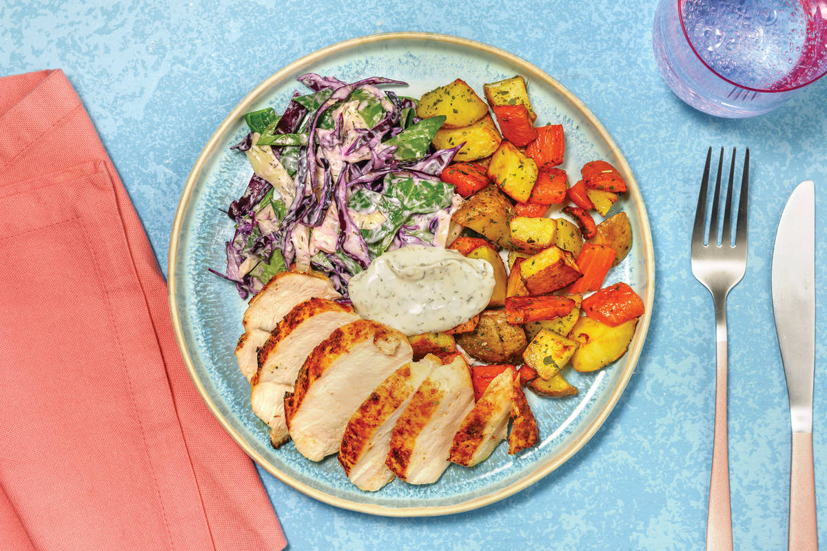 Louisiana Baked Chicken with Herb-Roasted Veggies & Slaw