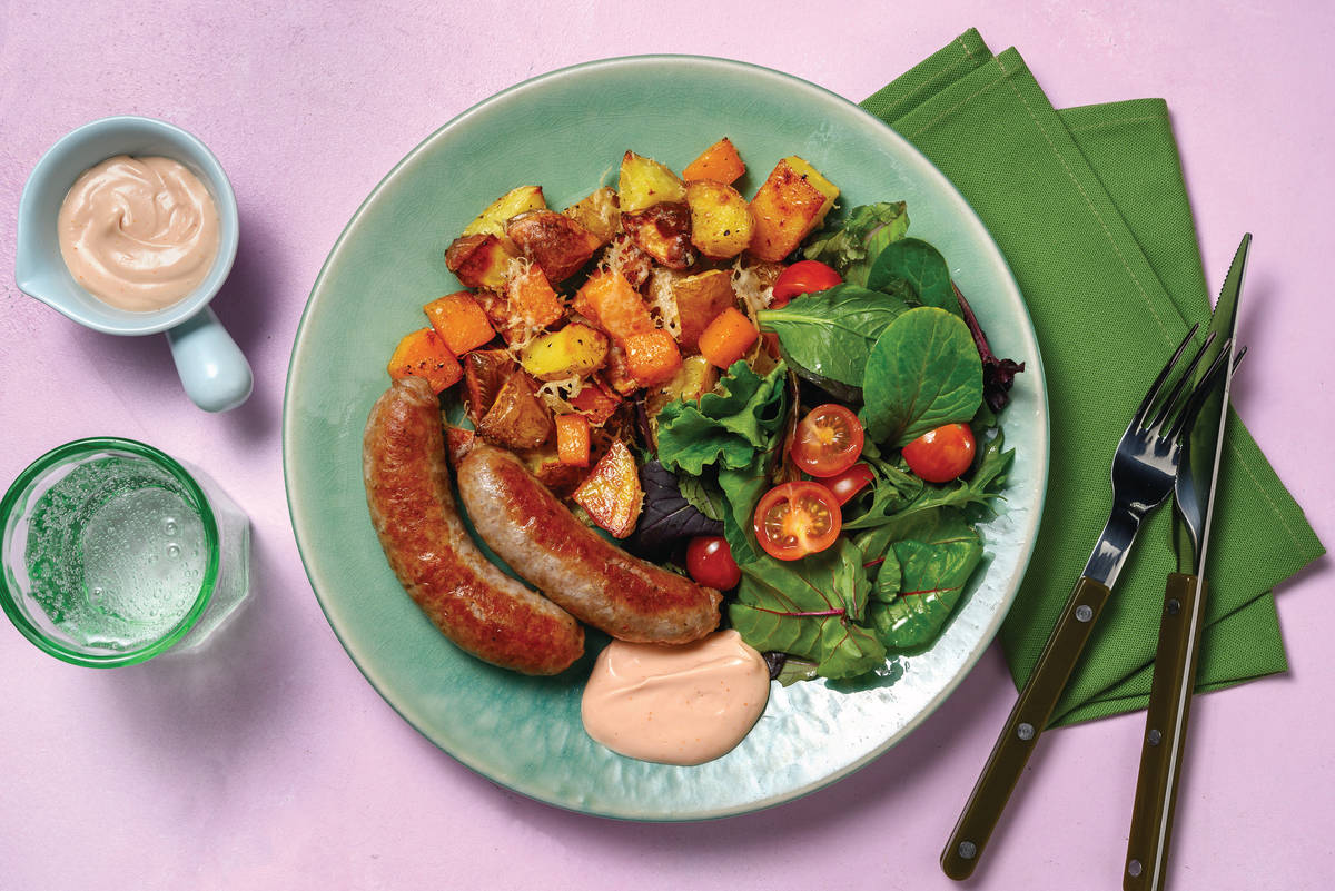 Pork Sausages & Easy-Prep Cheesy Roast Veg