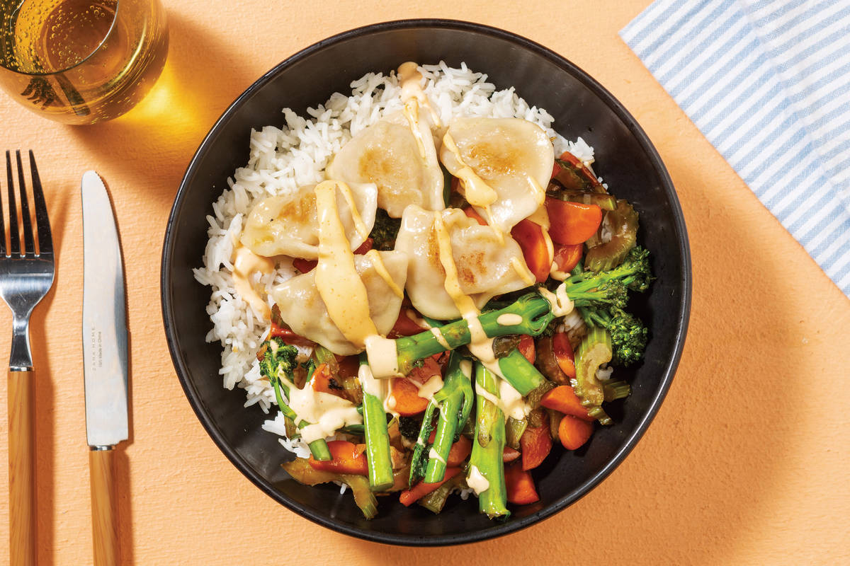 Edamame Dumplings & Garlic Rice