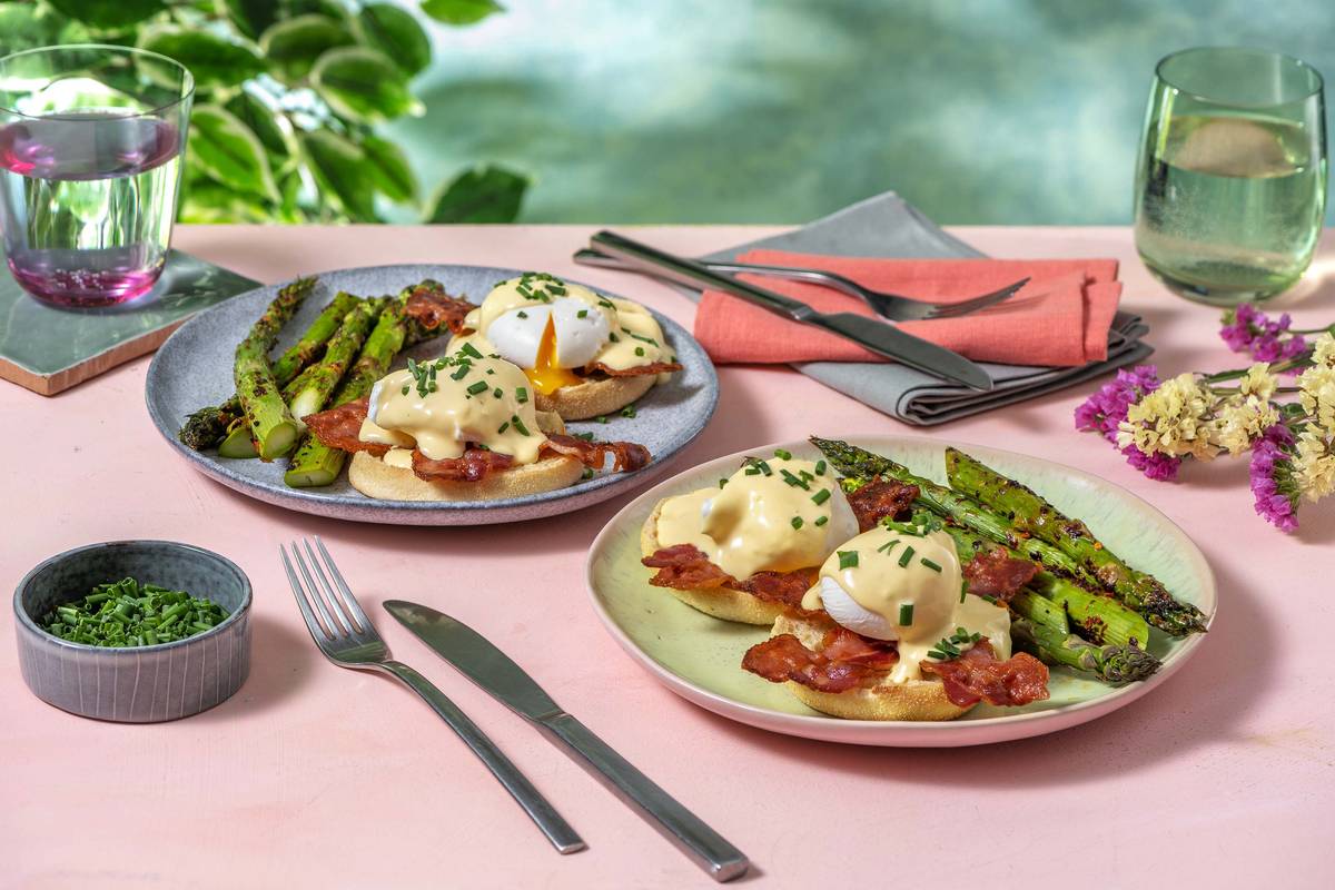 Eggs Benedict on Toasted Crumpets with Crispy Bacon and Chilli Asparagus