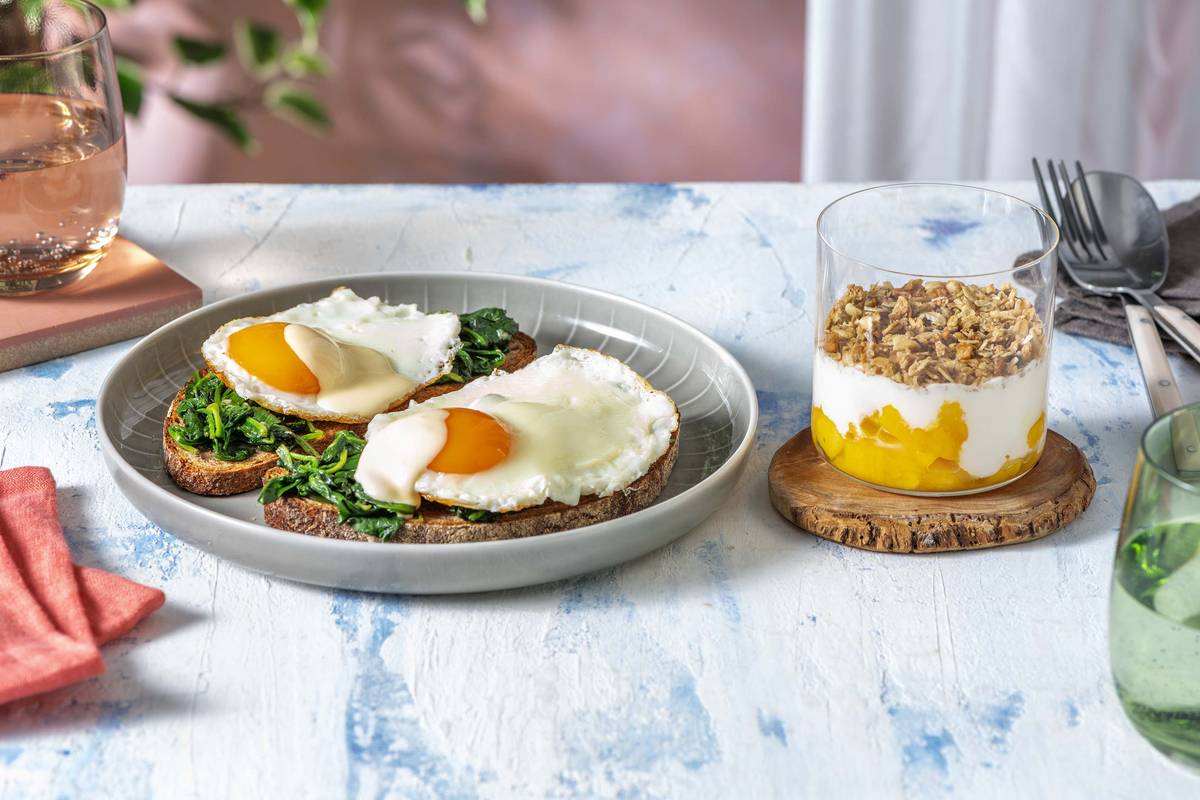 Eggs Florentine and Mango Granola Parfait