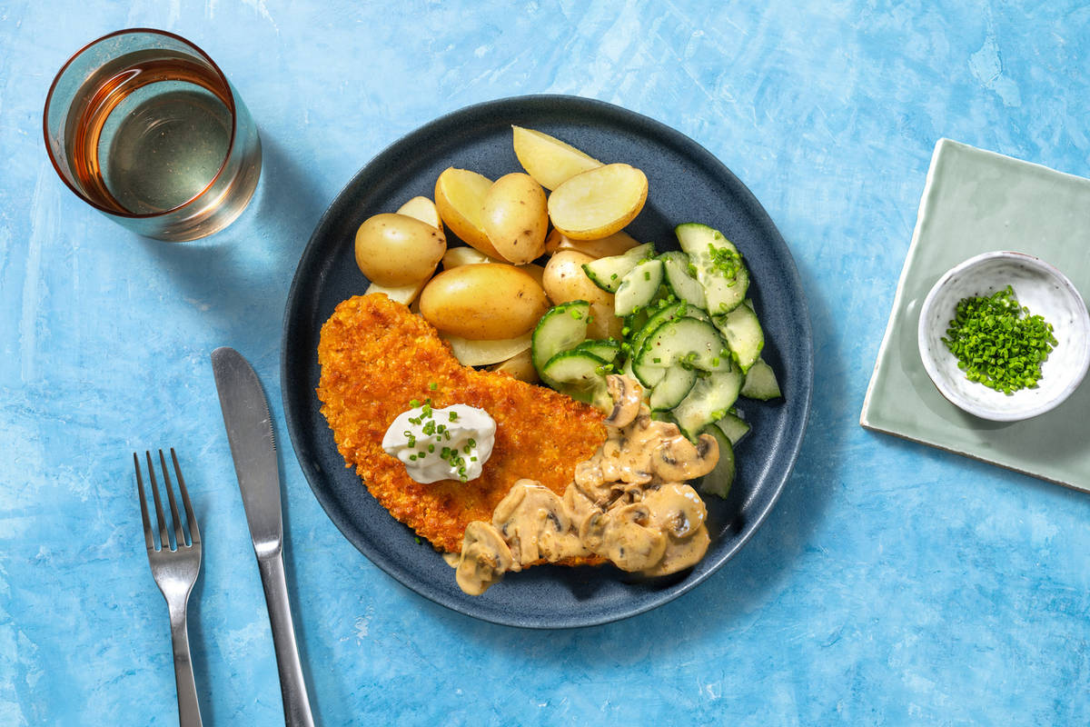 Escalope panée végétarienne et sauce crémeuse aux champignons