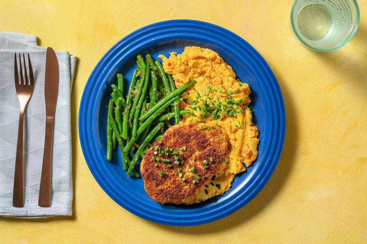 Escalope végétarienne au fromage & purée de patate douce relevée