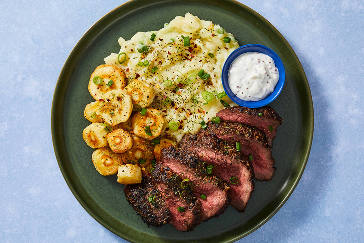 Montreal-Spiced Tenderloin Steaks and Garlic Mashed Potatoes