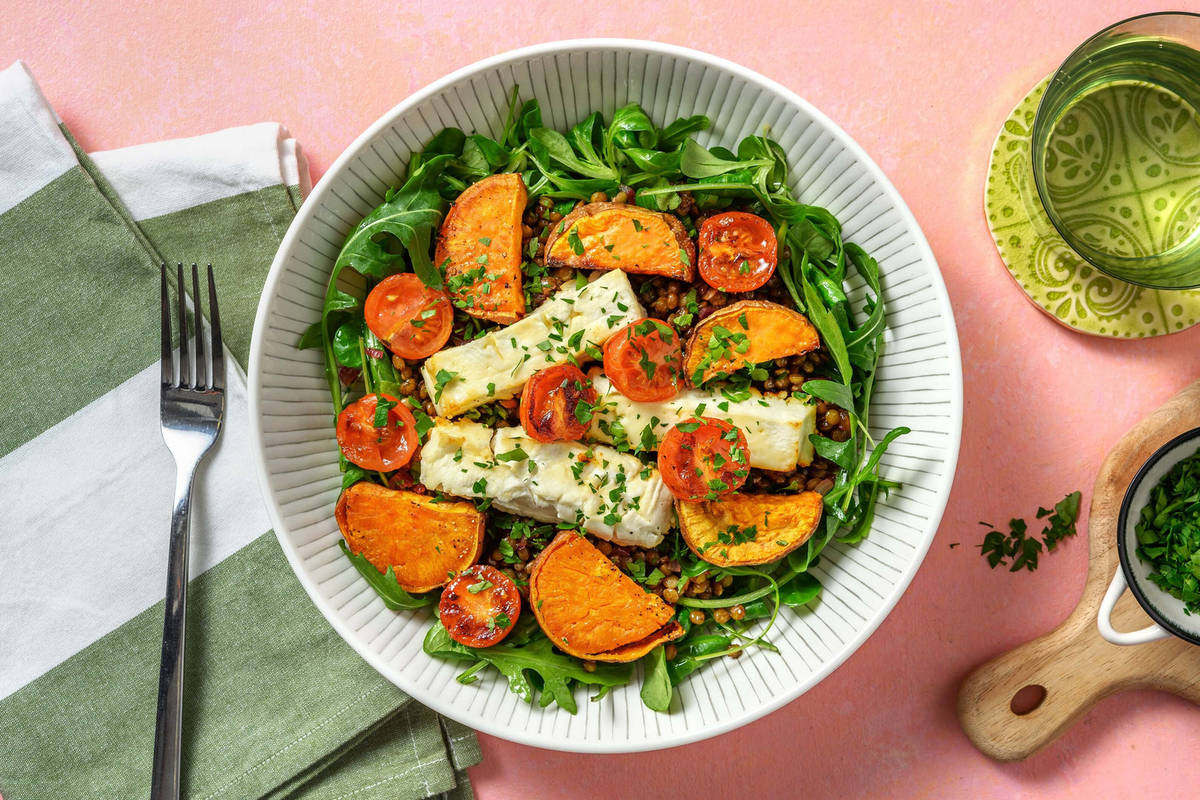 Geroosterde feta met honing en zoete aardappel
