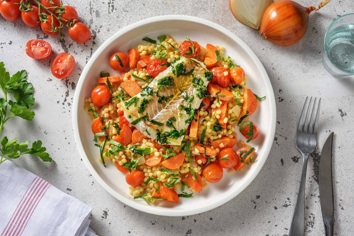 Niet gebruiken - Kabeljauwfilet met kruidensaus en friszoete parelcouscous