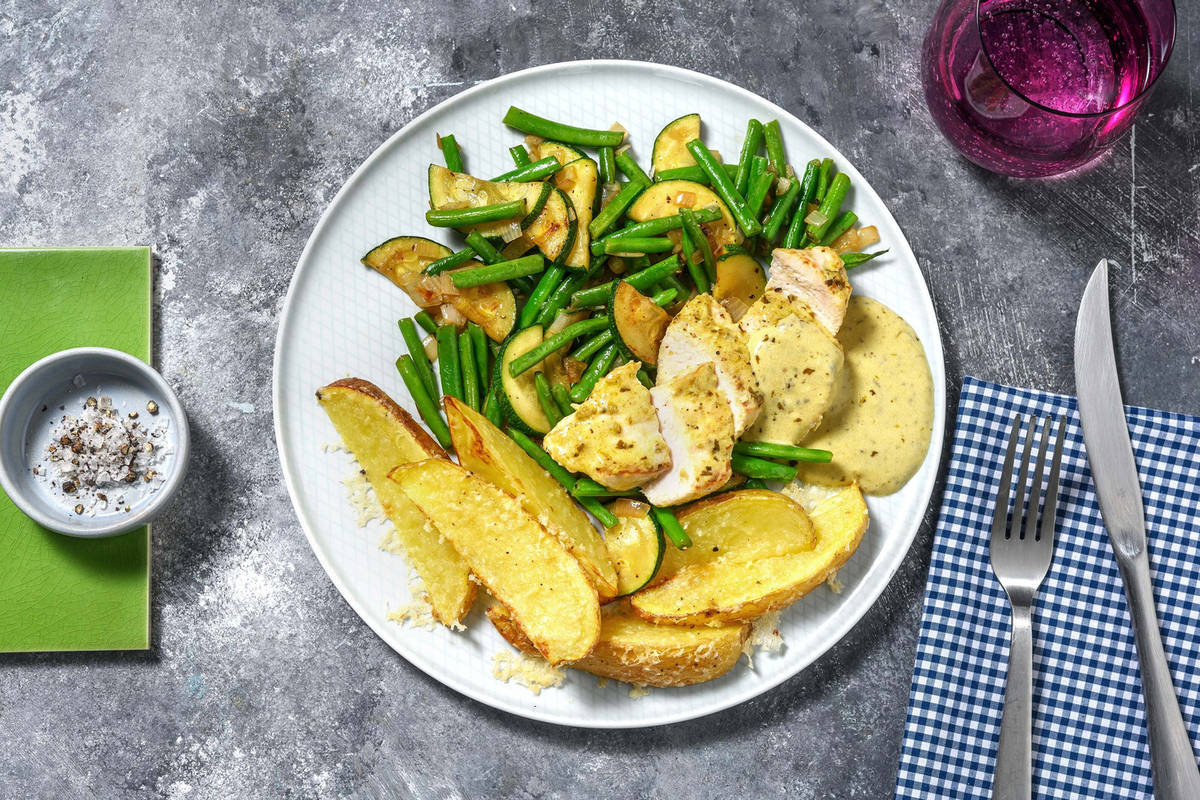 Filet de dinde en sauce crémeuse au basilic et pommes de terre rôties