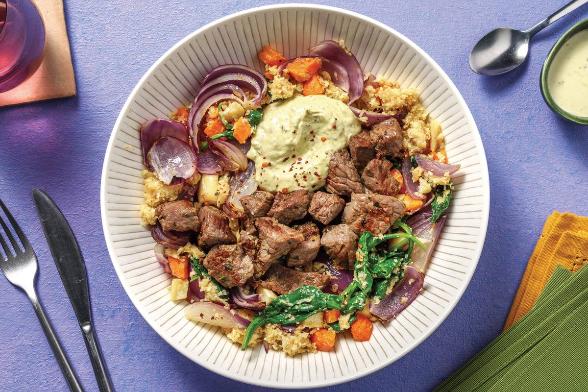 Quick Garlic Beef & Creamy Pesto Dressing