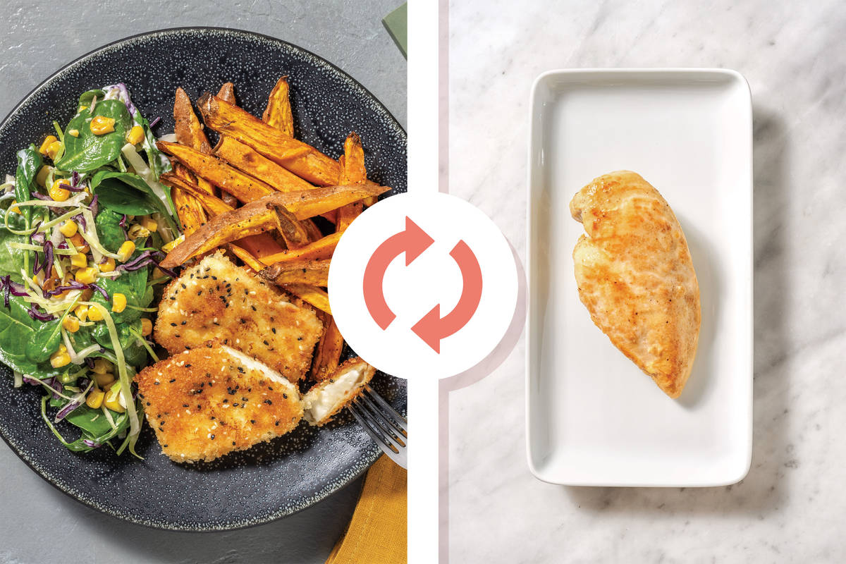 Sesame Crumbed Chicken & Spinach-Corn Slaw