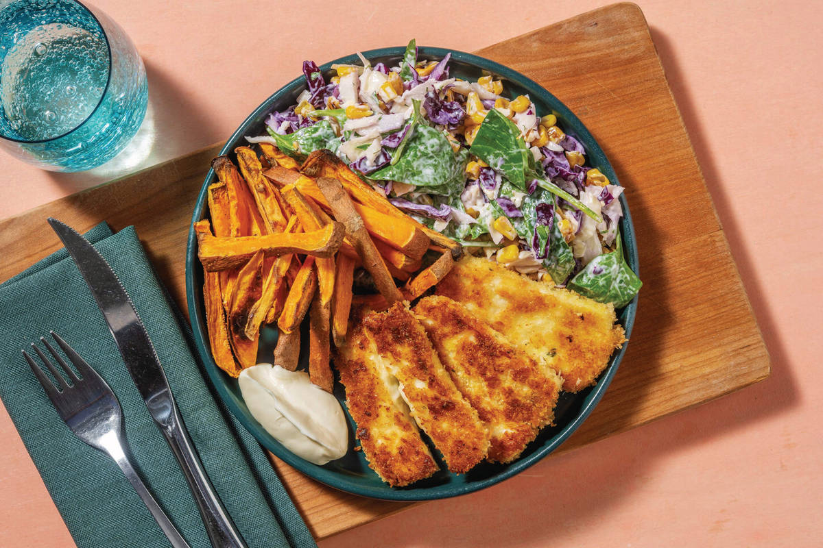 Garlicky Crumbed Haloumi & Sweet Potato Fries