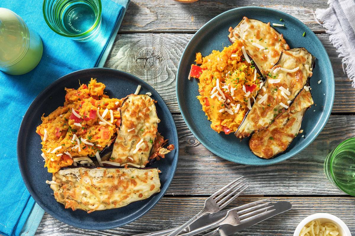 Gegratineerde aubergine met zoete-aardappelpuree