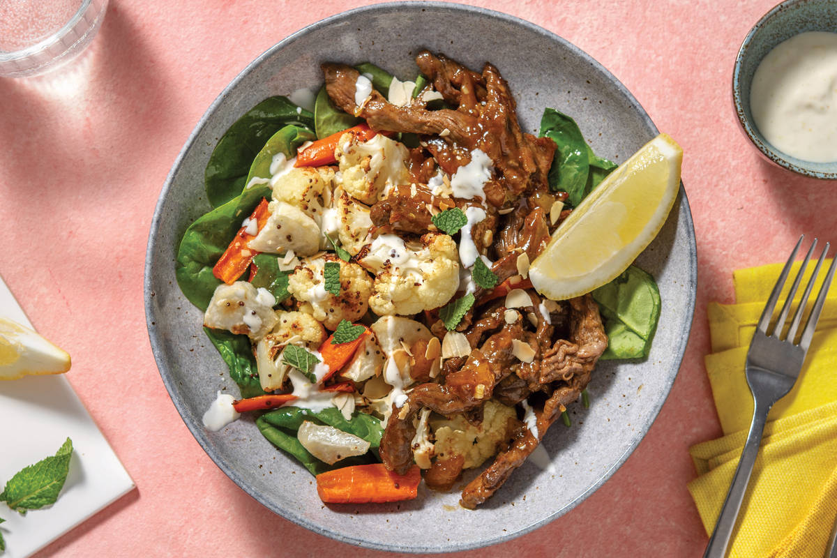 Glazed Indian Beef & Seeded Roast Veggies