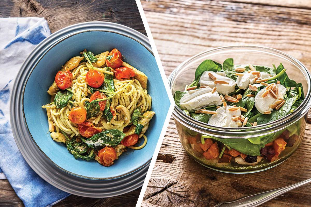 Dinner: Goat Cheese & Pesto Spaghetti / Lunch: Chicken, Beetroot & Goat Cheese Salad