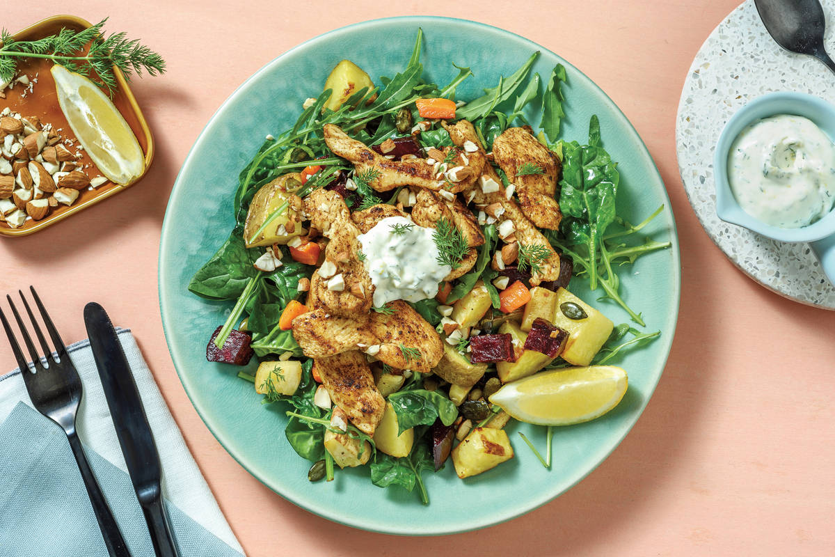 Golden Chicken Strips & Roast Veggie Root Salad