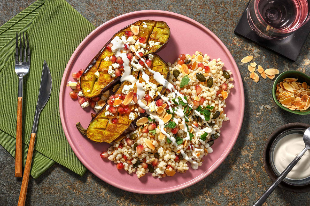 Aubergine au four, fromage grec et grenade
