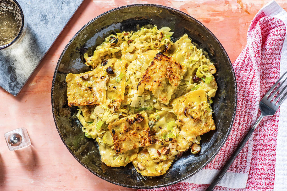 Romige ovenschotel van ravioli met vadouvan