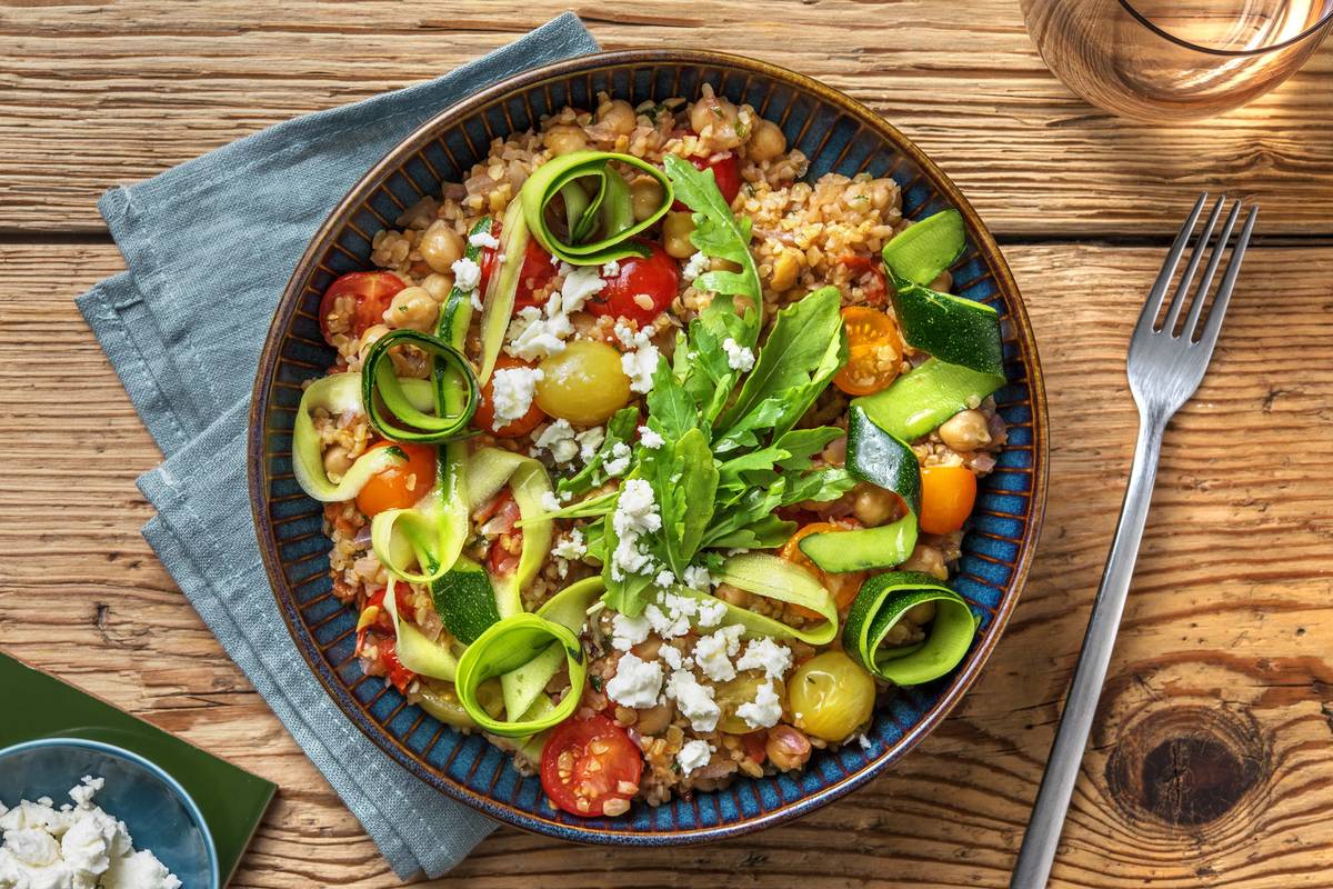 Greek Inspired Bulgur and Chickpea jumble