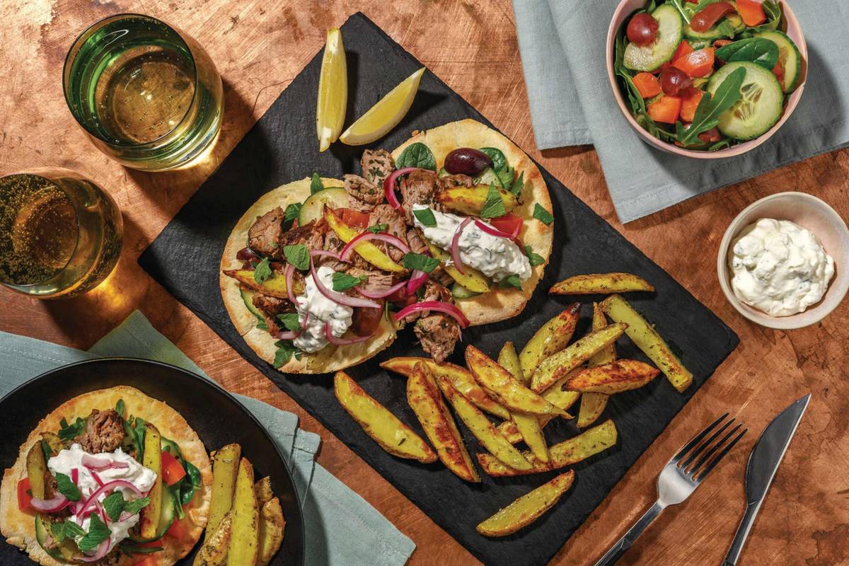 Greek-Style Lamb Gyros & Garlicky Fries