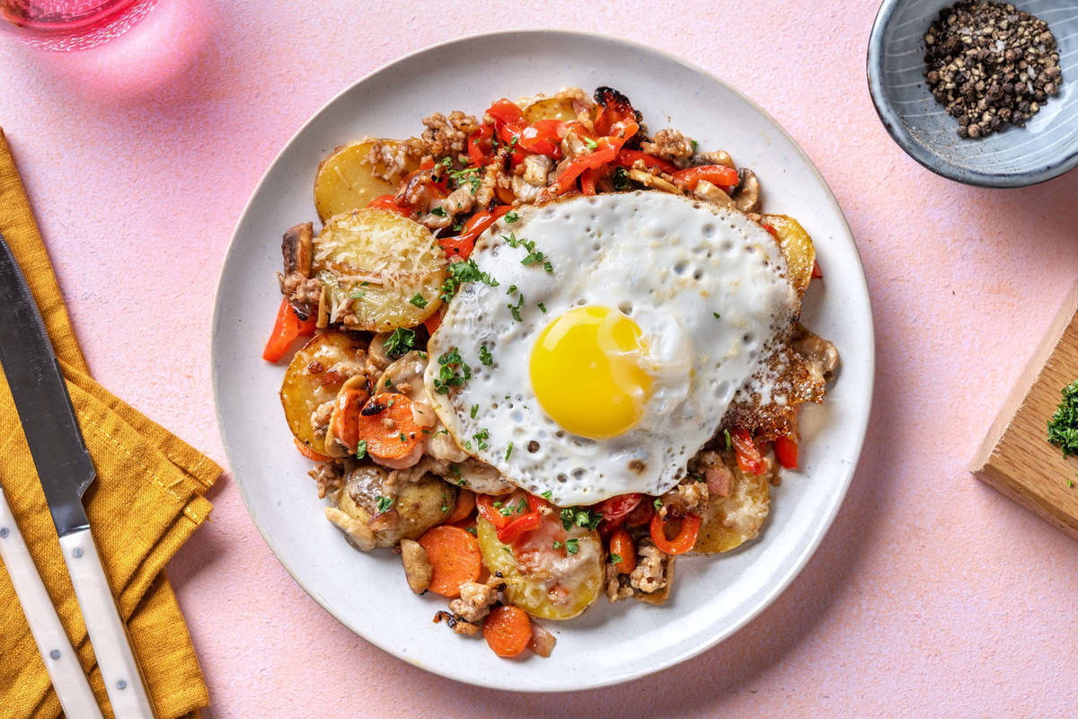 Gröstl tyrolien, saucisse fermière et lardons