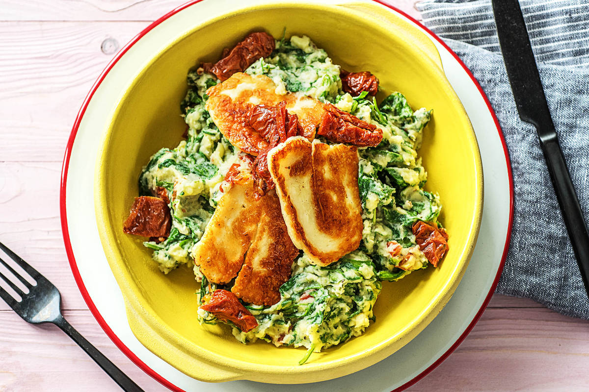 Halloumi met aardpeer-spinaziestamppot