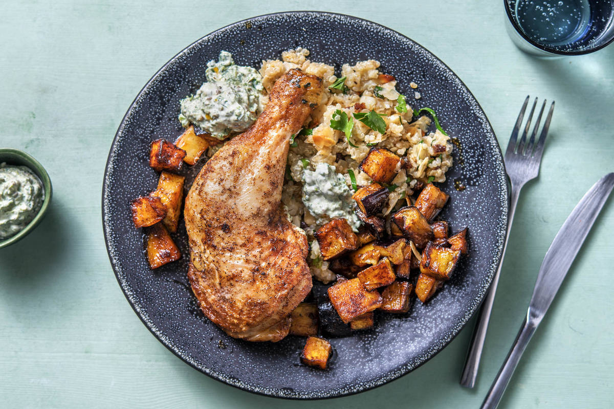 Harissa-Hähnchenkeulen mit Aubergine