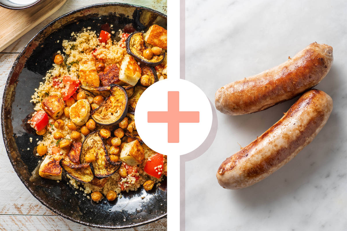 Couscous au halloumi et pois chiches avec une saucisse d’agneau en extra