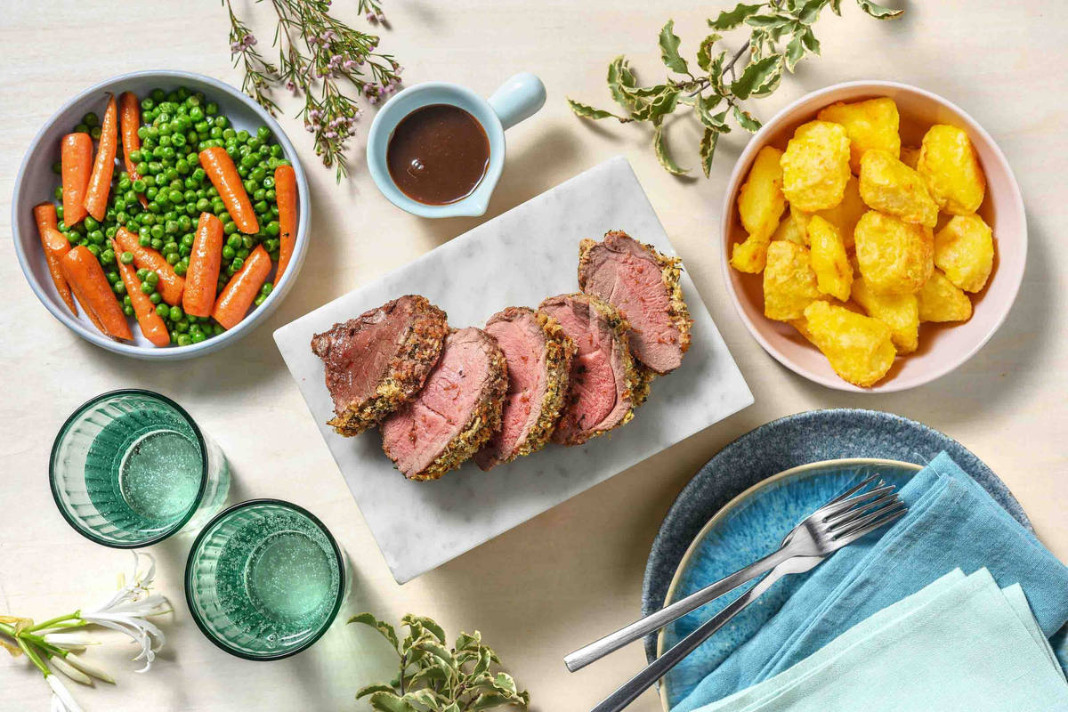 Herb Crusted Roast Lamb and Red Wine Jus
