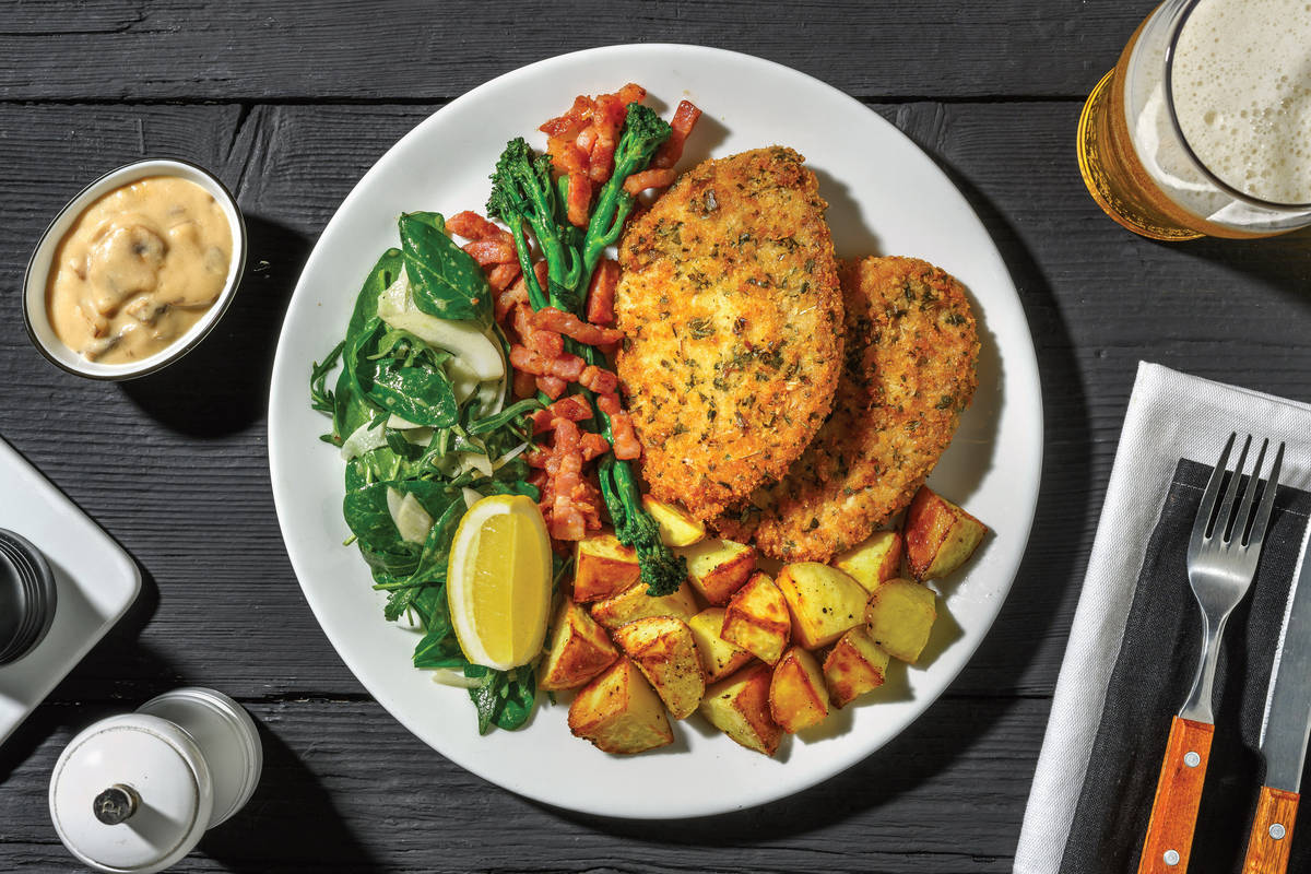 Herby Pork Schnitzel & Creamy Mushroom Sauce