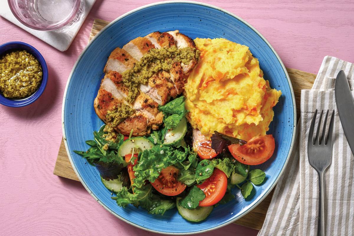 Herby Pesto Pork & Veggie Mash