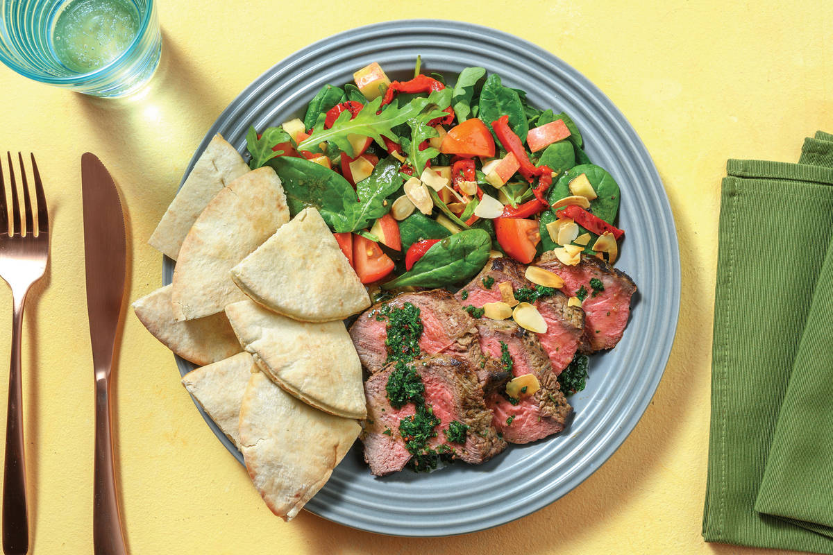 Herby Seared Steak & Chimichurri Sauce with Flatbread