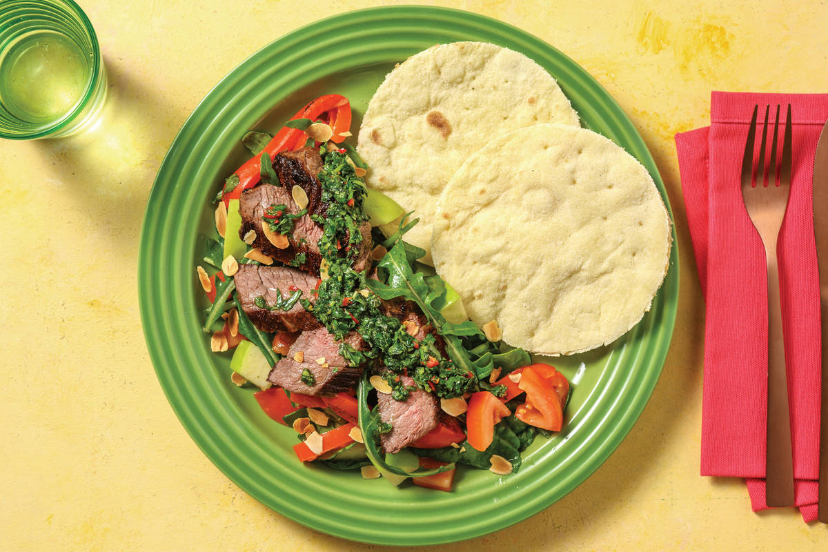 Herby Steak & Chimichurri Sauce with Flatbread