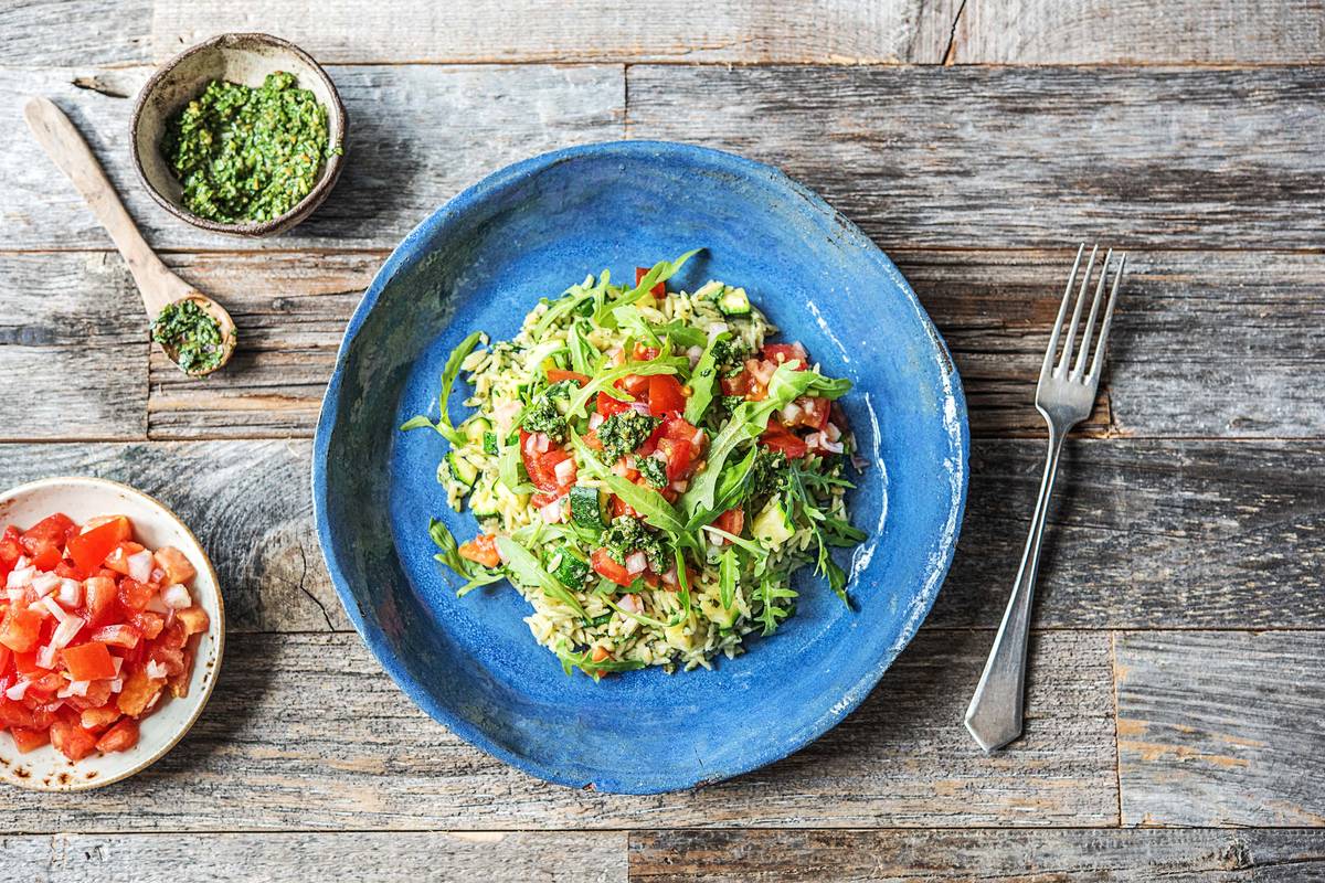 Homemade rocket pesto orzotto