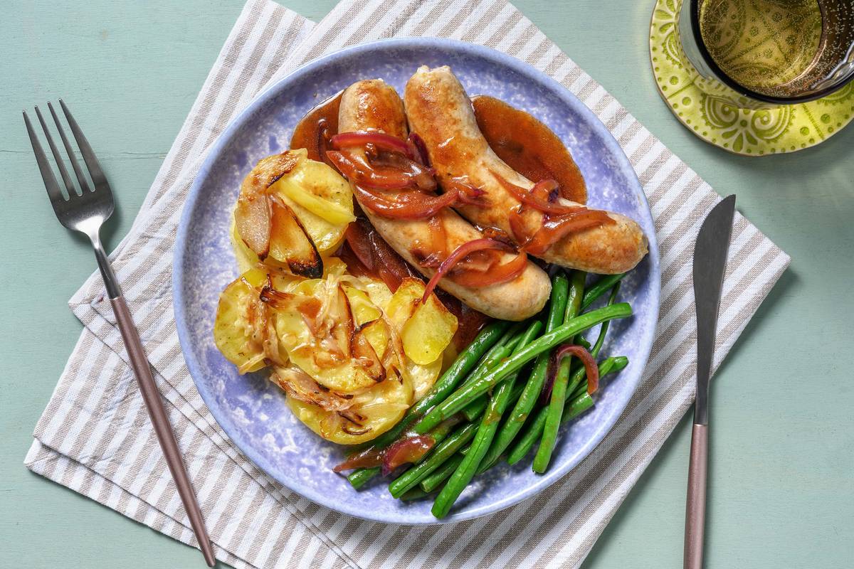 Honey Mustard Sausages and Potato Gratin