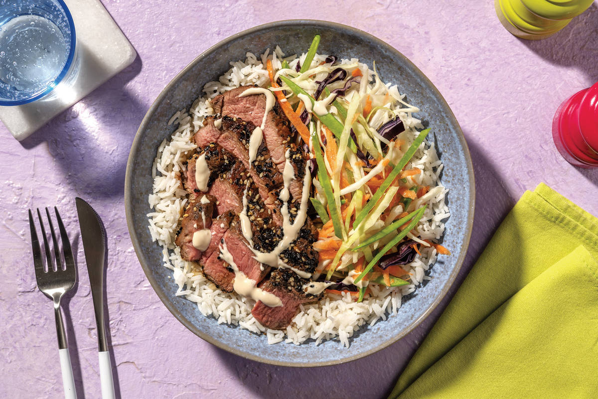Honey-Sesame Beef Rump & Pea Pod Slaw