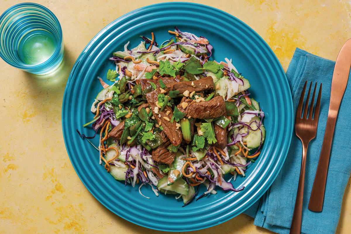 Sweet Chilli Ginger Beef with Crunchy Asian Slaw & Crushed Peanuts