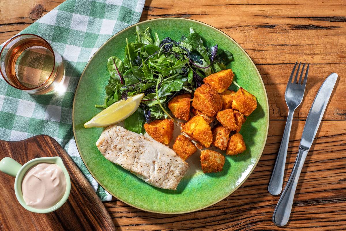 Ofen-gebackener Seelachs mit panierten Kartoffeln