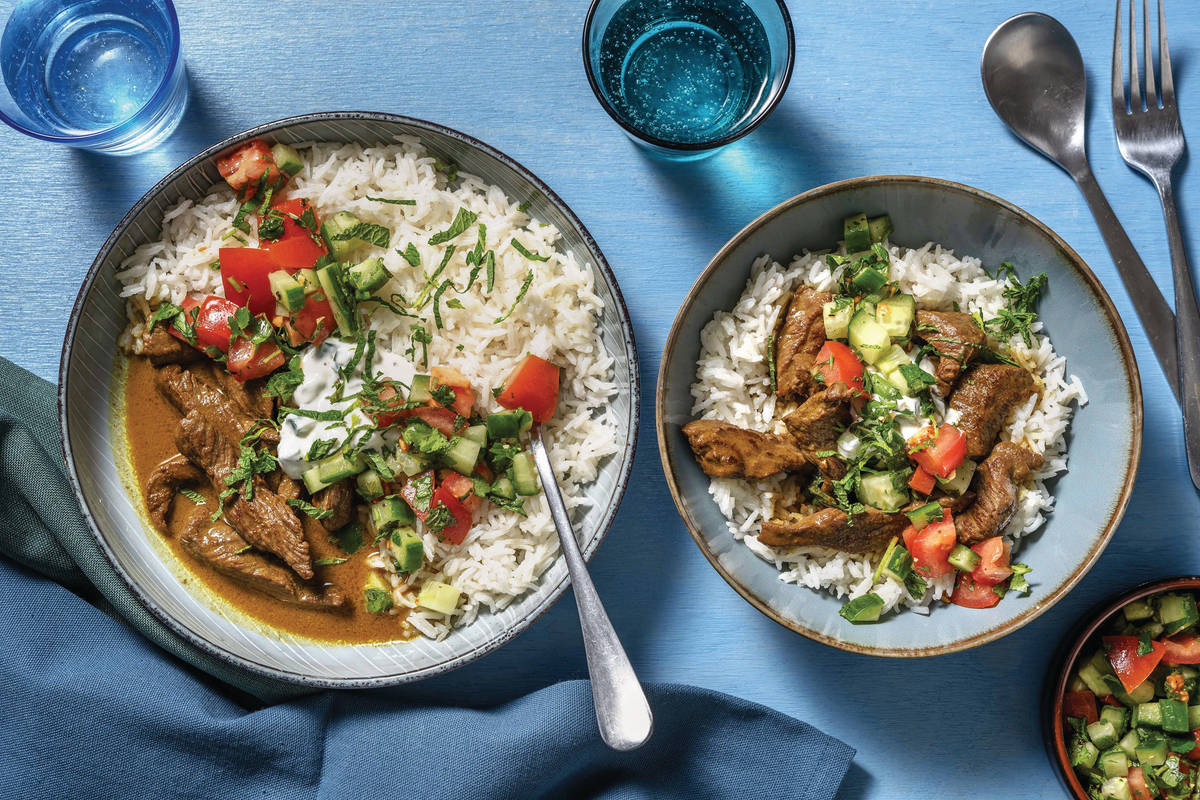Indian Coconut Beef & Garlic Rice Bowl